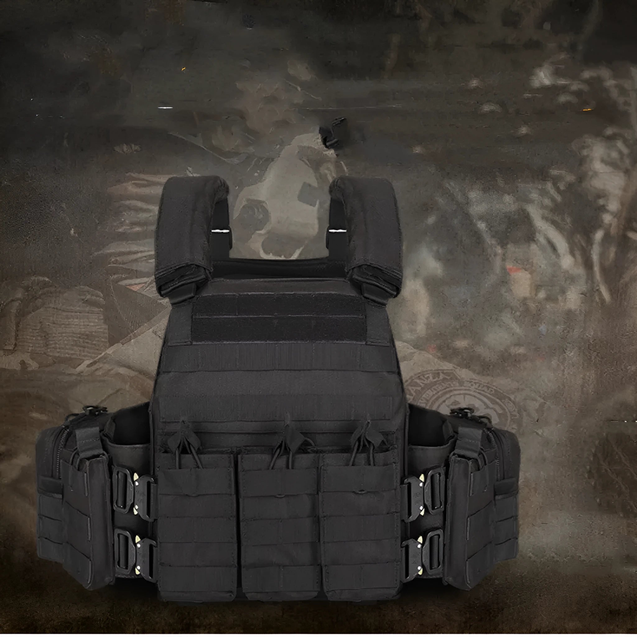 Men's camouflage tactical vest in army green, made from wear-resistant polyester fabric.