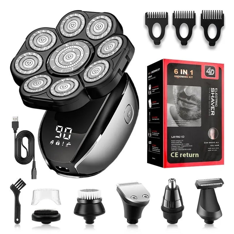 Black rechargeable 6-in-1 hair clipper grooming kit with multiple attachments laid out.