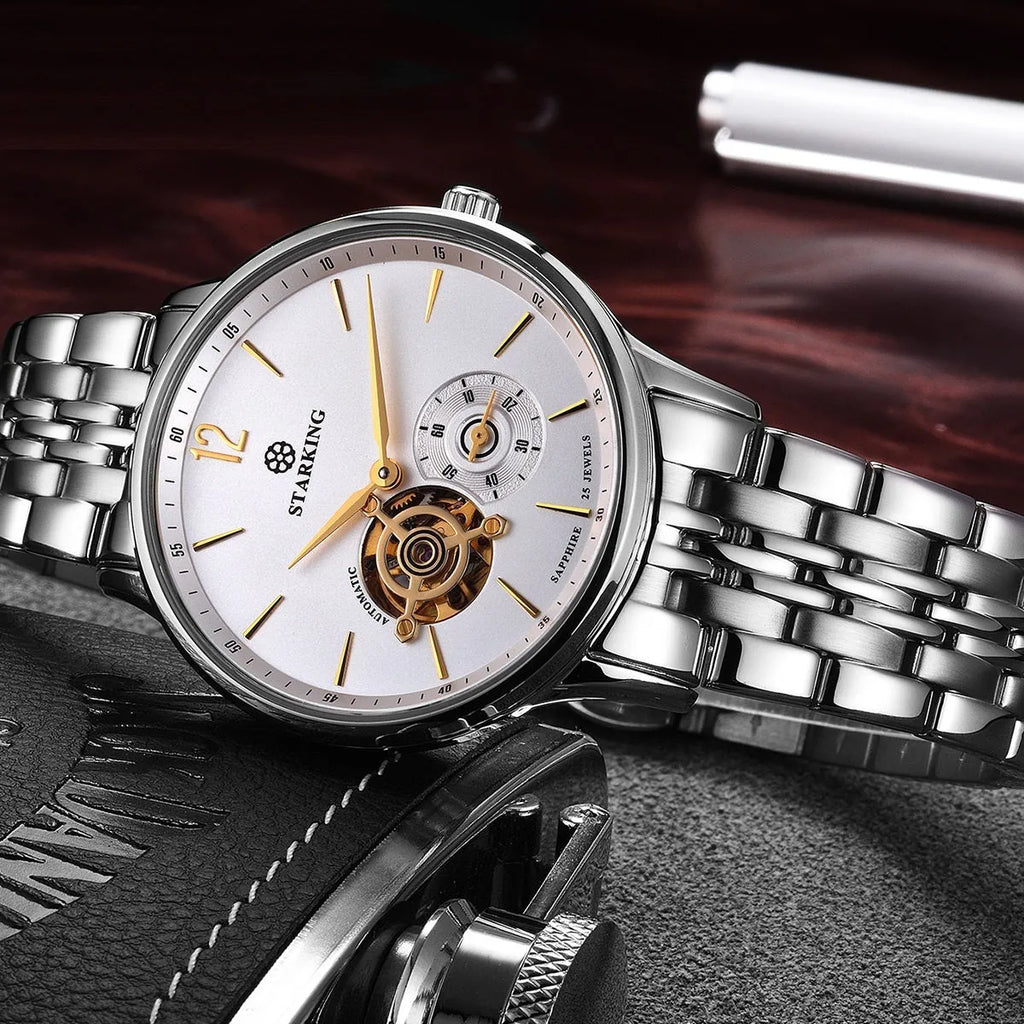 Automatic mechanical men's business watch with brown leather strap and stainless steel case
