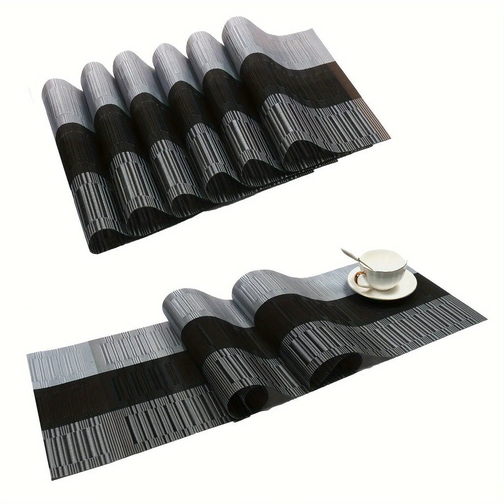 PVC non-slip dish mat in gradient bamboo black colour on a kitchen countertop.