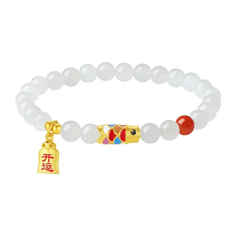 S925 sterling silver bracelet with cold enamel detailing and 6mm natural Hetian jade koi fish charm