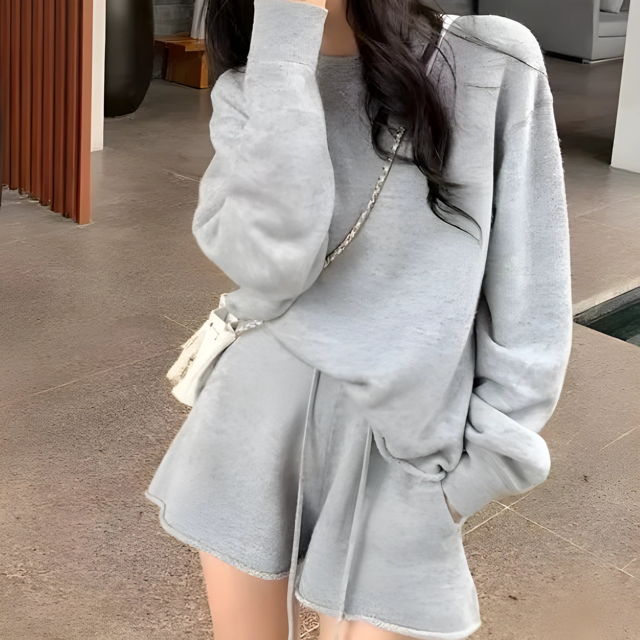 Women's loose-fitting knitted long sleeve sweater and wide leg shorts two-piece set in oatmeal colour