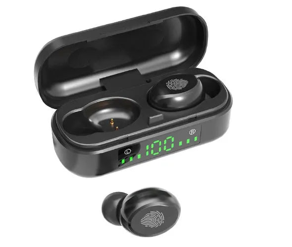 Black V8 shell sports wireless Bluetooth headset with earplug design.