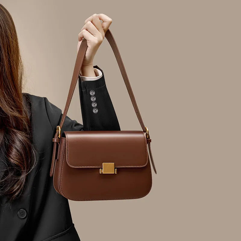 Genuine leather women's crossbody bag with lock, European retro style, apricot colour, horizontal square shape