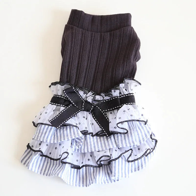 Polka dot lace cake dress pet clothing in Taro purple, shown in Princess style for dogs or cats.