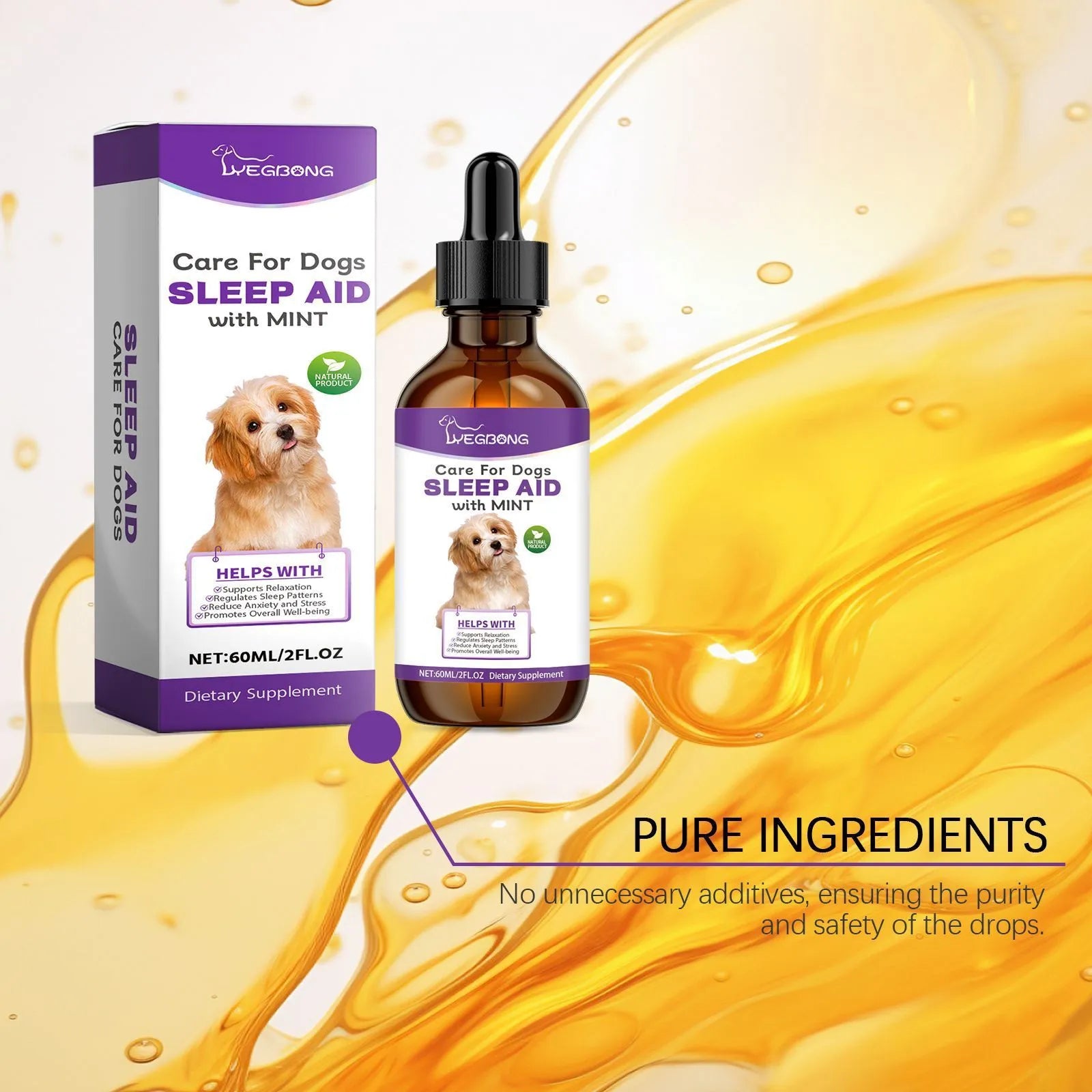 60ml dog sleep drops bottle measuring 3.3cm by 12cm with mint extract nursing supplement