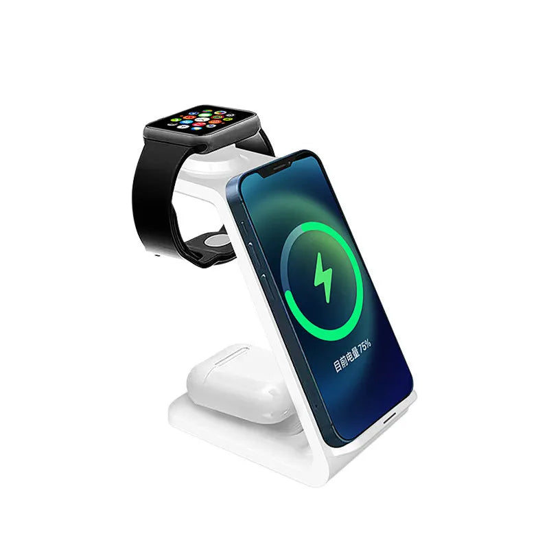 Black 3-in-1 upright wireless charging stand holding a mobile phone vertically on a desk.