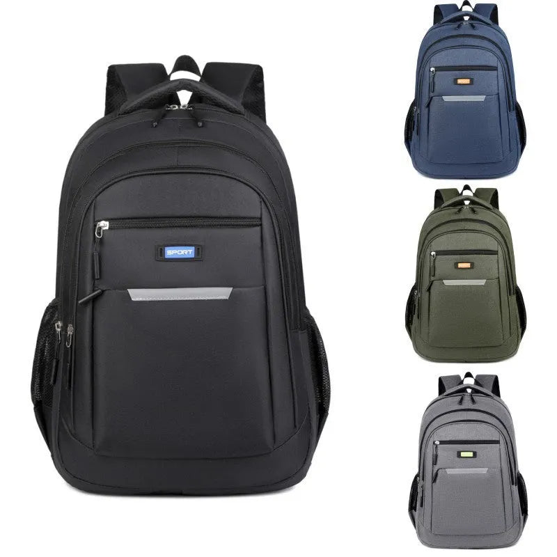 Casual men's Oxford cloth backpack in one of four colours: grey, black, green, or blue.