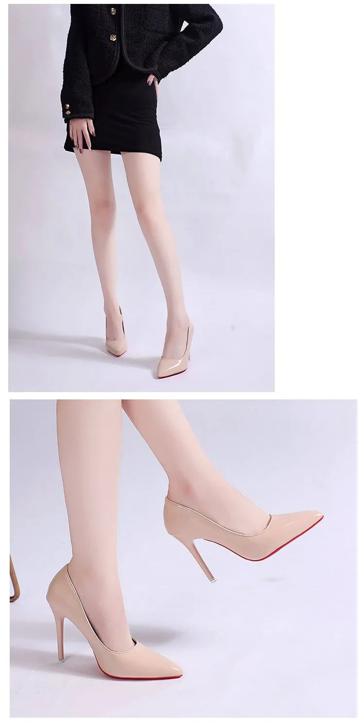 Solid colour women's stiletto pump with pointed toe and shallow mouth design on a rubber sole.