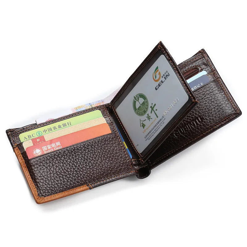 Soft cowhide leather bifold wallet with cross-stitching, shown open to reveal card slots and a zippered coin compartment.