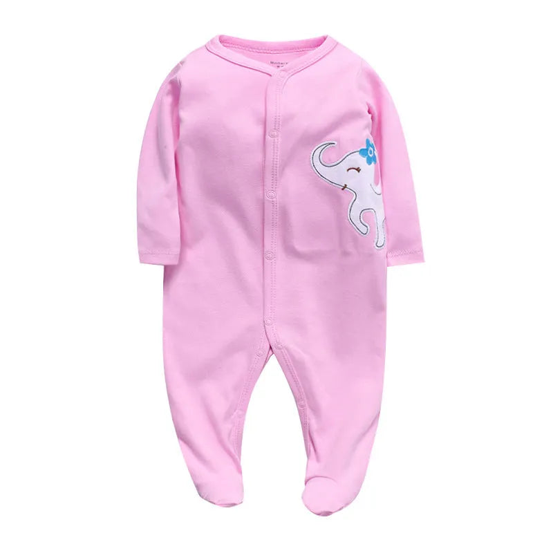 Cotton baby one-piece romper with dinosaur print in blue, sized for 6-month infants.