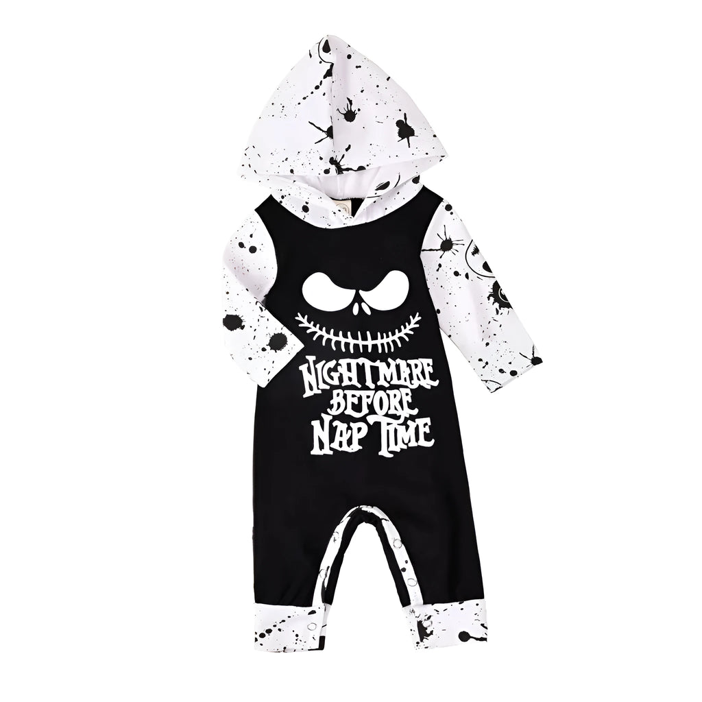 Black hooded long sleeve cotton Halloween romper for a child on a hanger.