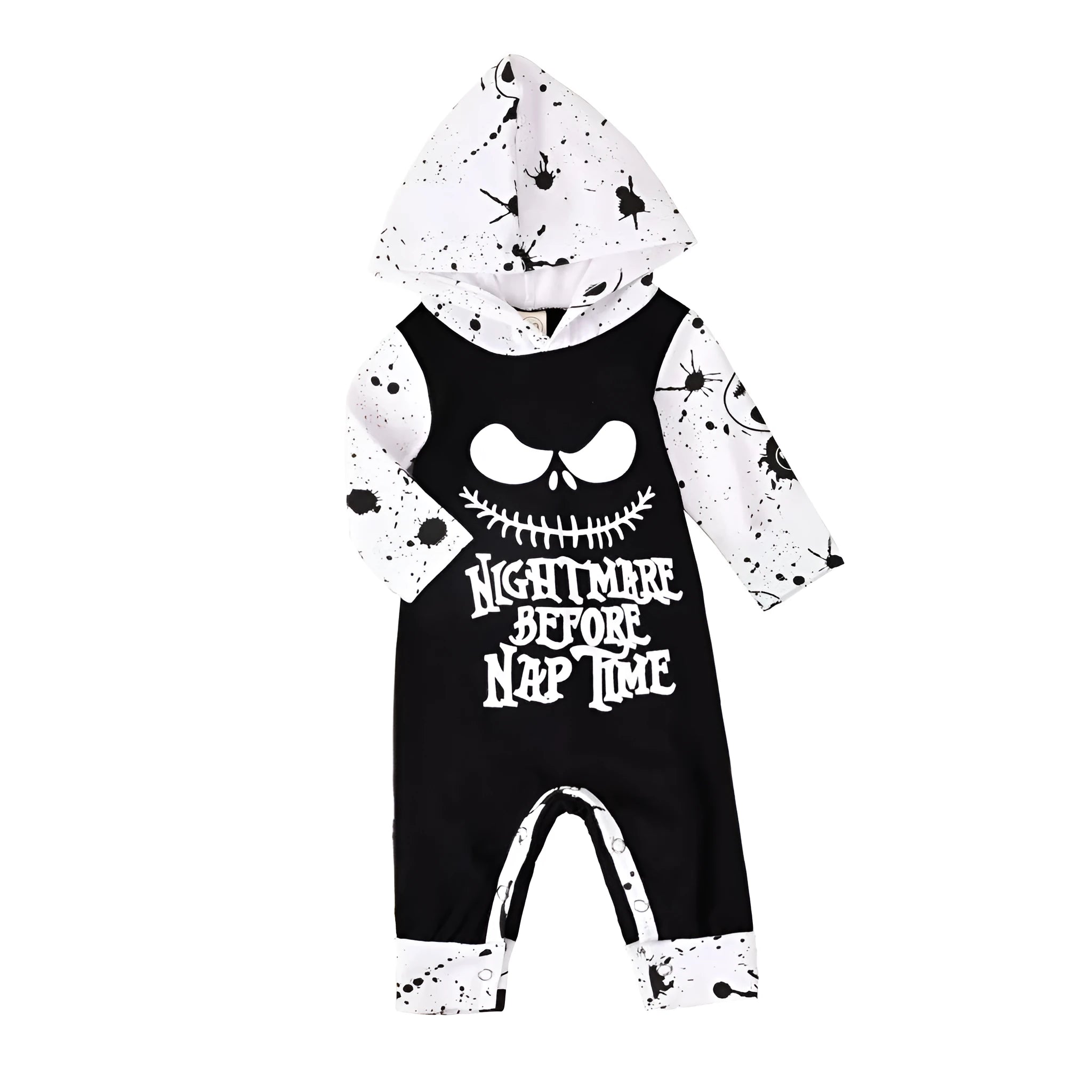 Black hooded long sleeve cotton Halloween romper for a child on a hanger.