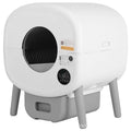 Automatic self-cleaning cat litter box made of white ABS plastic with control panel.