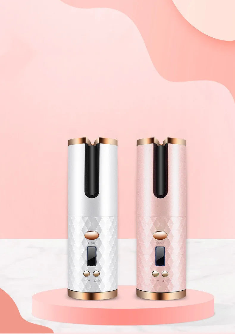 Rechargeable automatic rotating hair curler with LCD display in pink, grey, white, or black.
