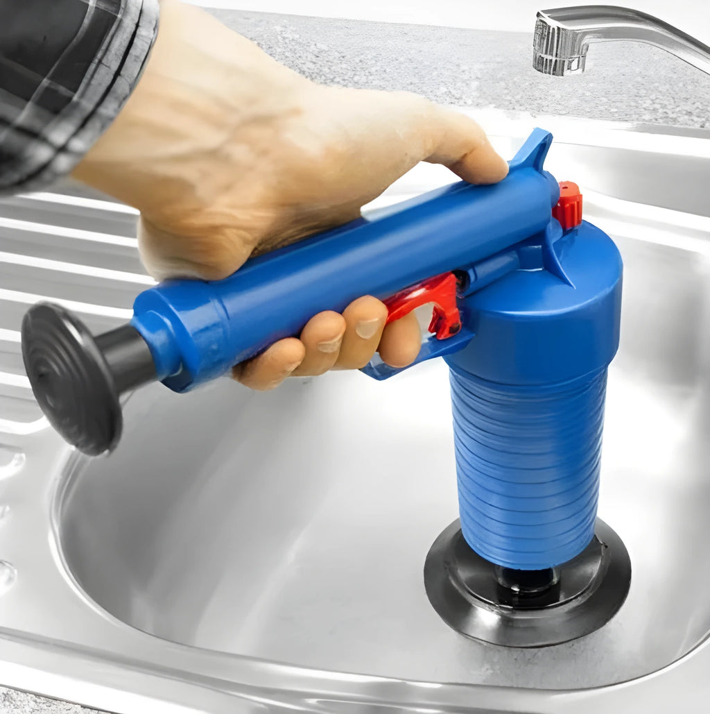 Manual high-pressure plastic drain blaster gun with four different size suction cup adaptors for unblocking pipes.
