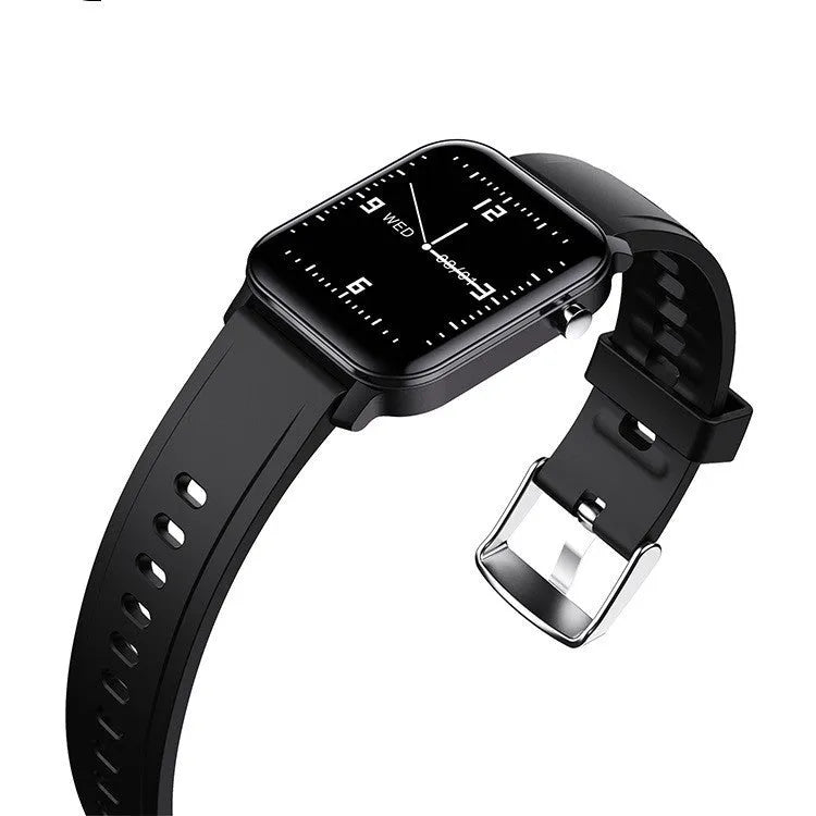 M2 smartwatch with black silicone strap and colour screen displaying health metrics.
