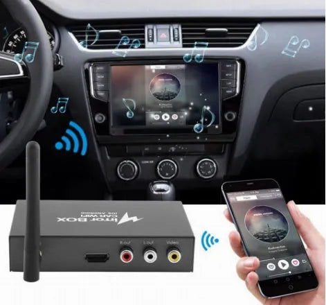 Black car mirror link box with Wi-Fi A/V converter for smartphone screen mirroring to car players
