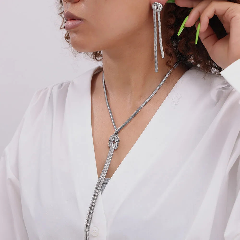 Gold knotted tassel snake chain long necklace and matching earrings set for women