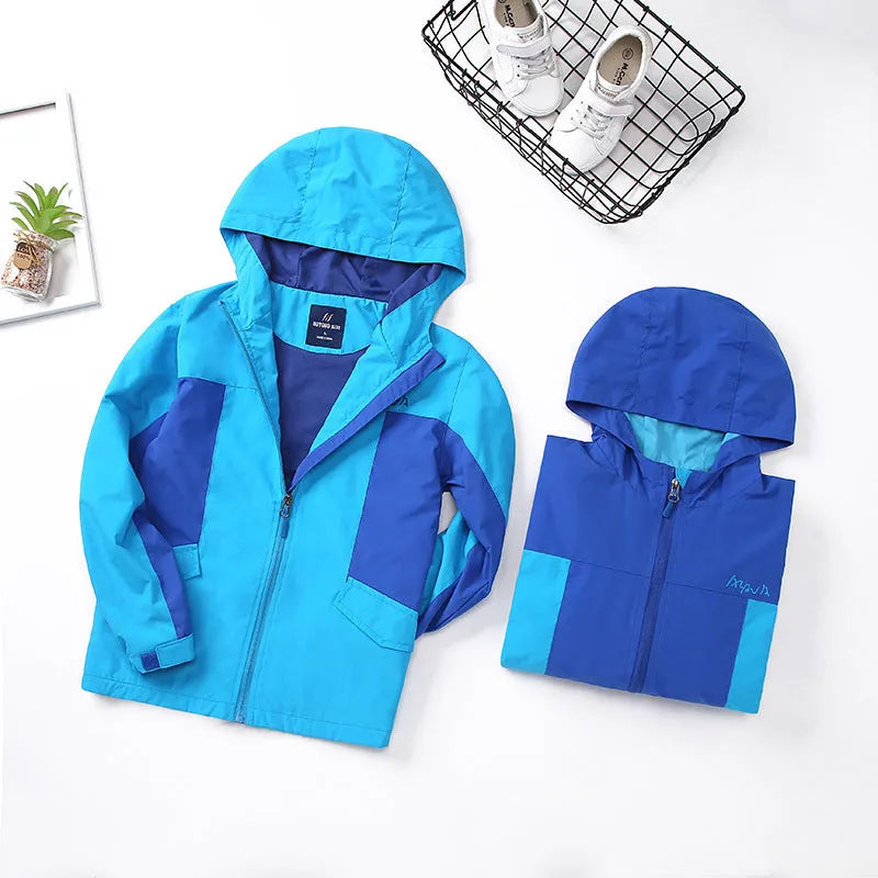 Blue slim-fit boys autumn jacket with full zip on a hanger