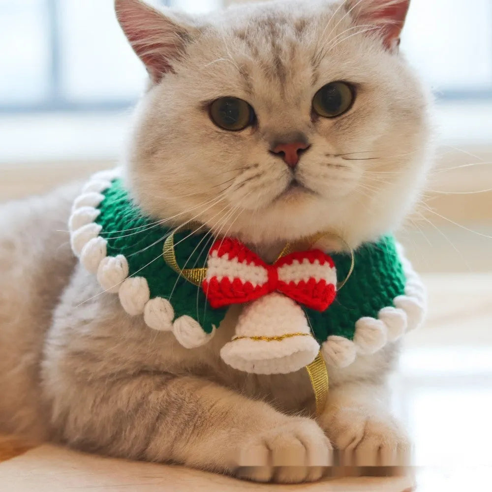 Knitted wool Christmas pet scarf collar in striped Santa Claus design on dog