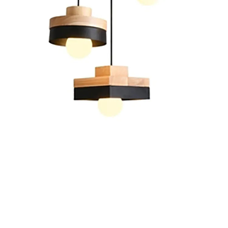 Japanese style solid wood and zinc alloy chandelier with adjustable cord, shown in a matte black round finish.