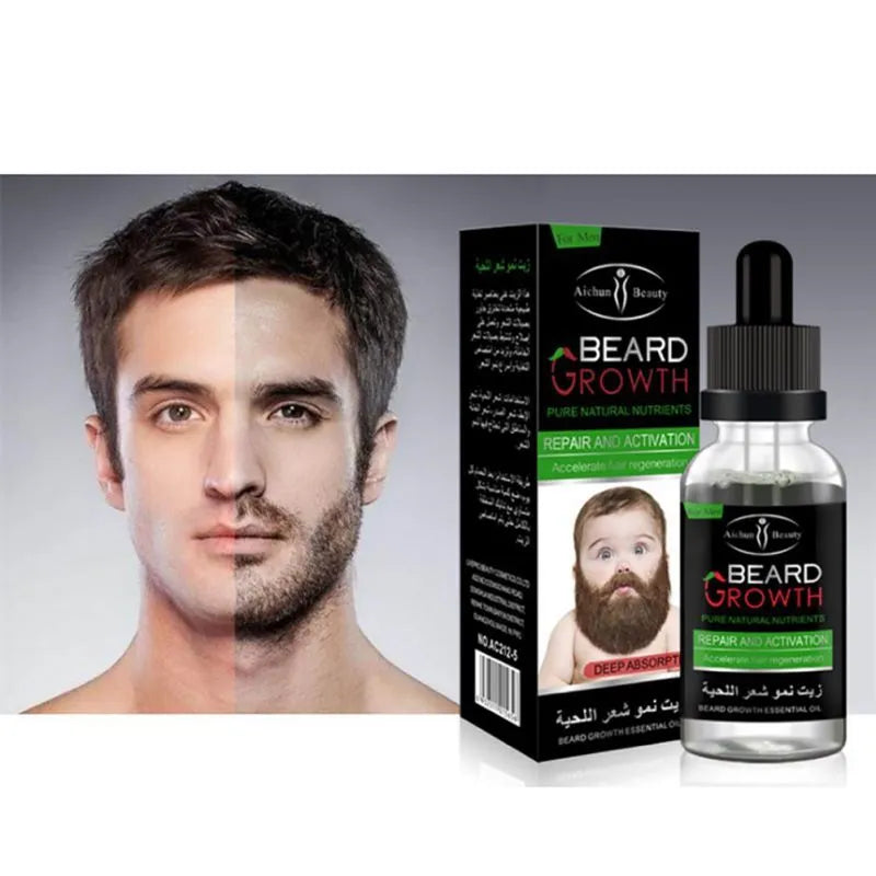 Bottle of beard essential oil with natural ingredients for growth and dandruff control