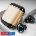 A pair of TWS wireless Bluetooth earphones in black, shown with a smartphone indicating a call function.