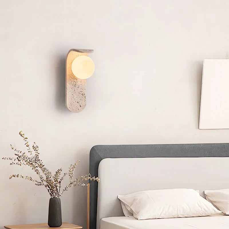 Cream cave stone bedside wall lamp with warm light bulb, 9cm wide and 25cm tall, wall-mounted