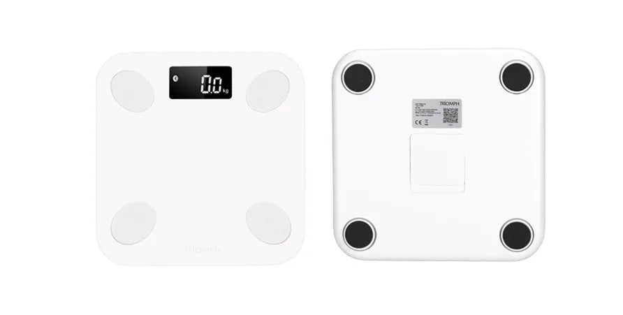 White square electronic weight scale with LCD display showing weight and body fat data