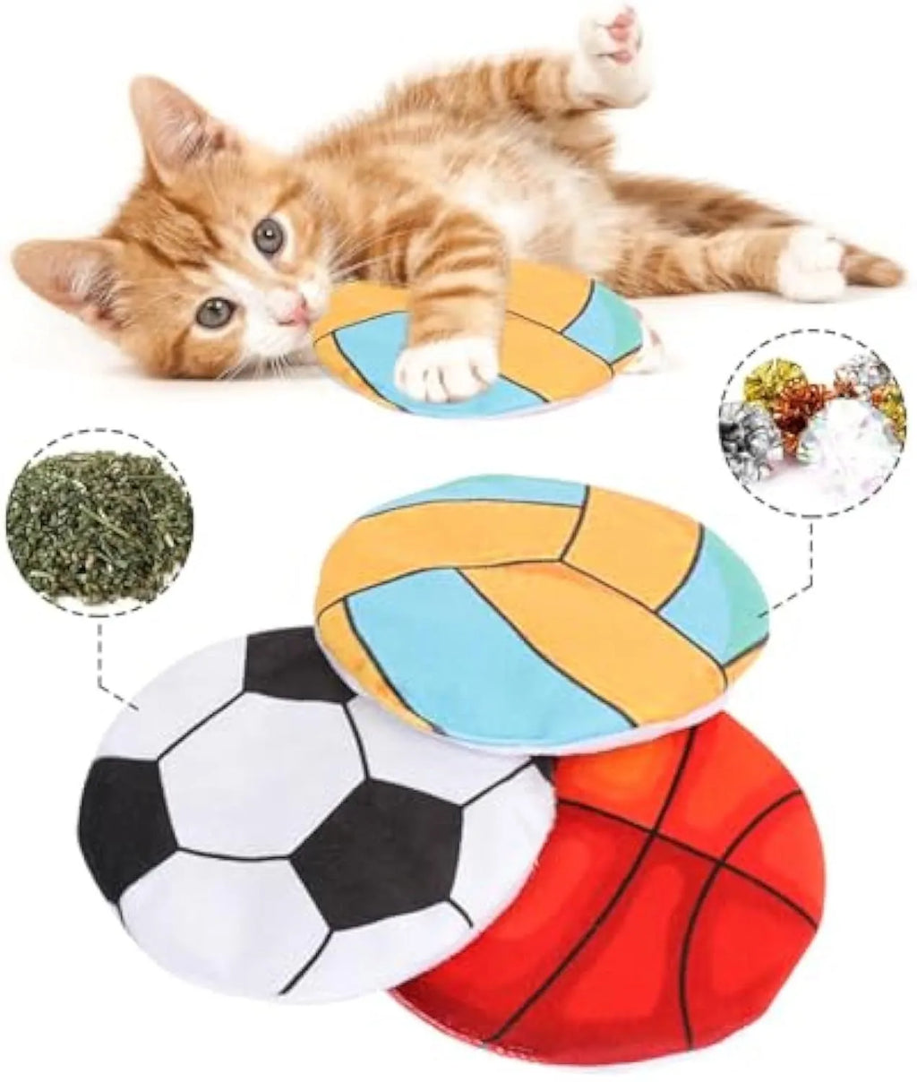 Catnip flying disc toy with crinkle sound in sports ball design for indoor cats