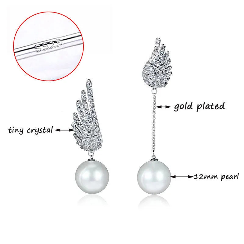Silver angel wing earrings with gold-plated gemstone inlay and platinum colour finish