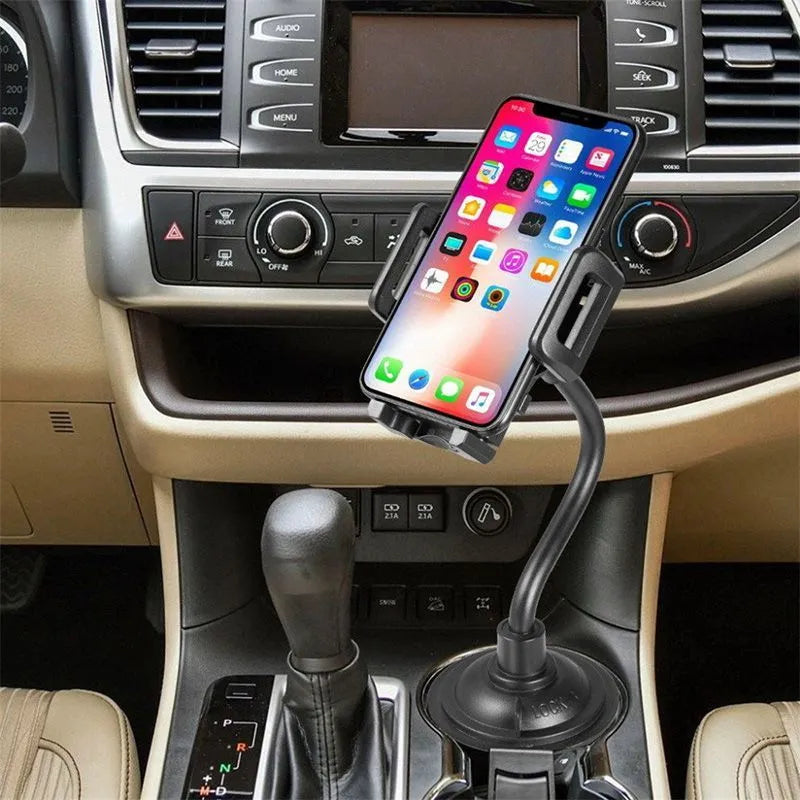Black car-mount phone bracket with adjustable side handles showing 360-degree rotation and vent clip attachment