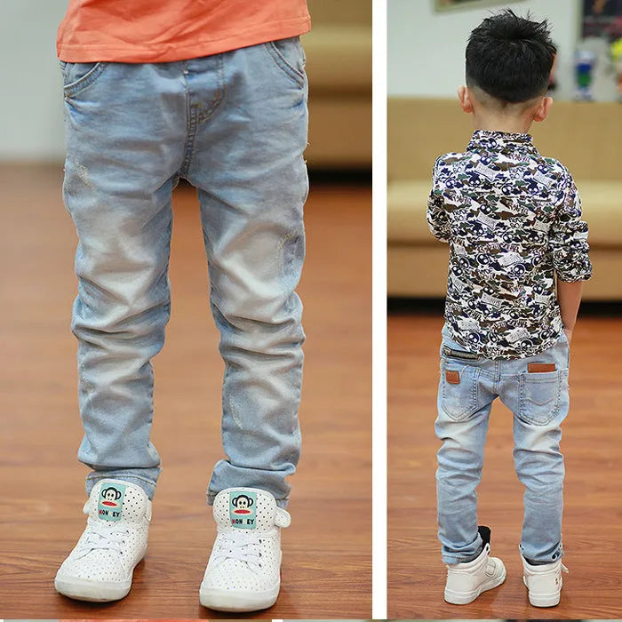 Boys' striped harem jeans with rubber band waist in sanded denim fabric