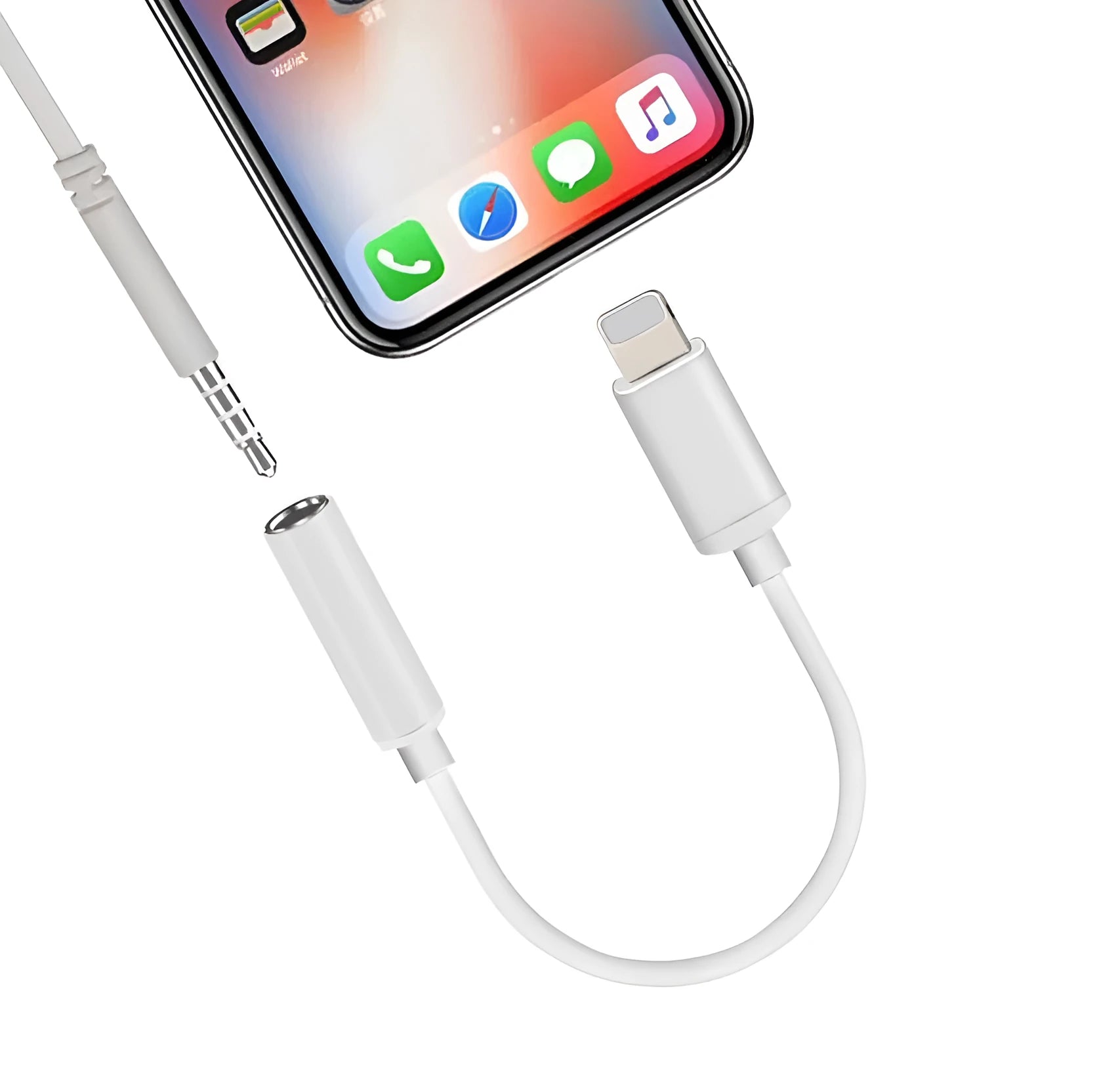 White Lightning to 3.5mm audio adapter for iPhone 7 6 6S models with gold-plated connector