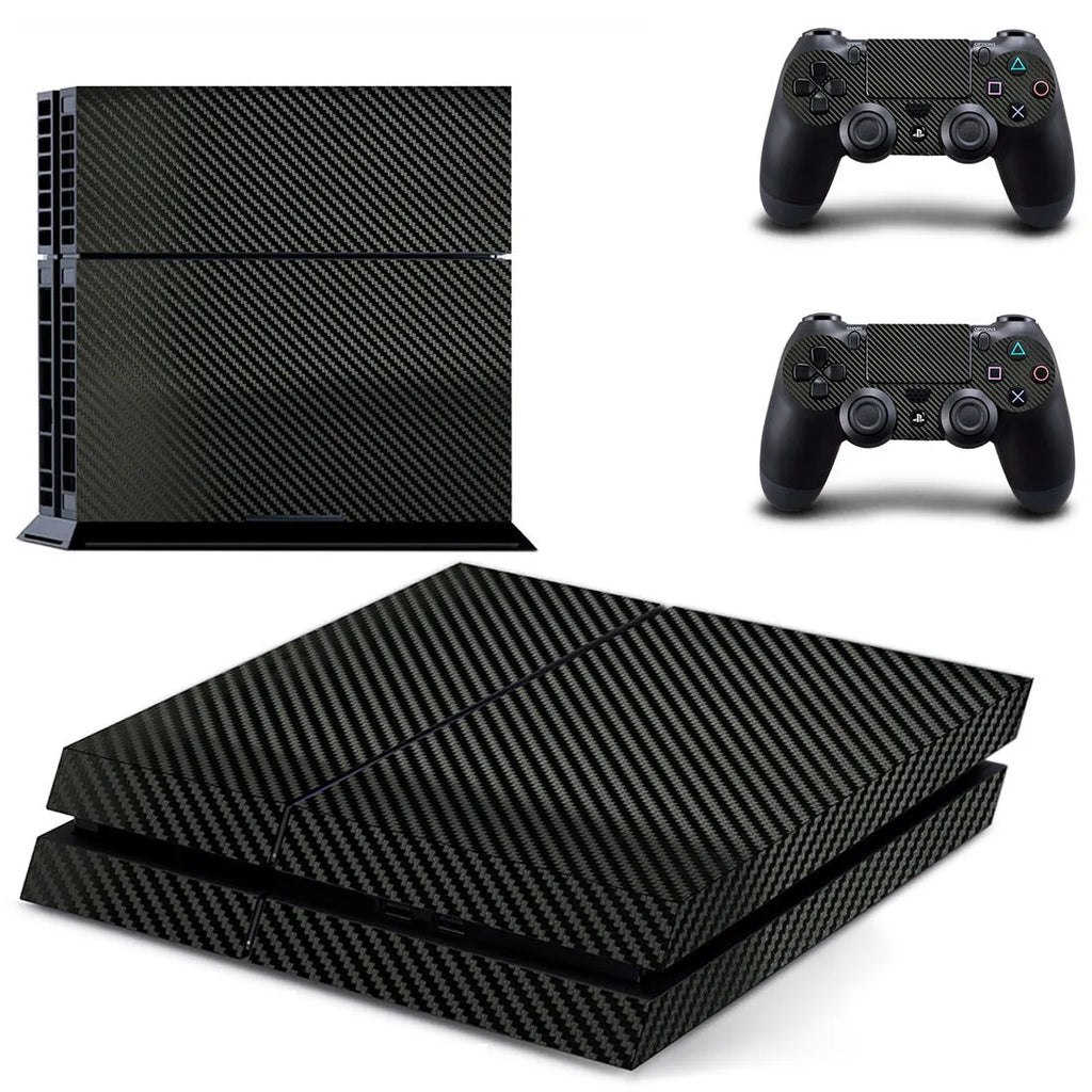 PS4 console with applied carbon fibre pattern vinyl skin in black, showing full coverage.