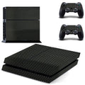 PS4 console with applied carbon fibre pattern vinyl skin in black, showing full coverage.