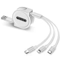 3-in-1 telescopic charging cable extended to show connectors with 120cm TPE cable and titanium alloy plugs.