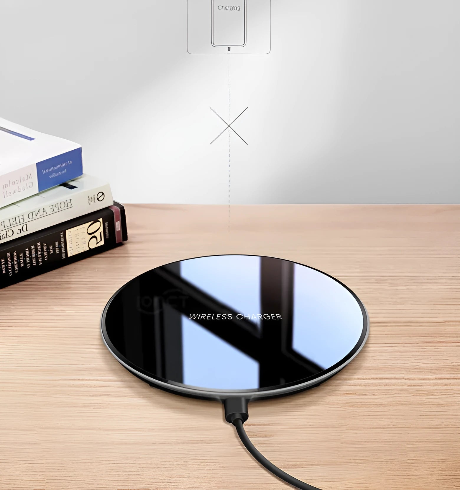 Black QI wireless charging pad with smooth surface and silicone non-slip base for 15W fast charging