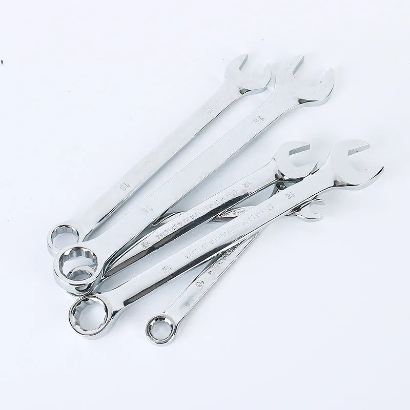 61-piece chrome vanadium steel auto repair tool set with sockets, wrenches, and ratchets on a workbench.