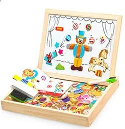 Wooden magnetic puzzle and drawing board toy for children with animal theme pieces.
