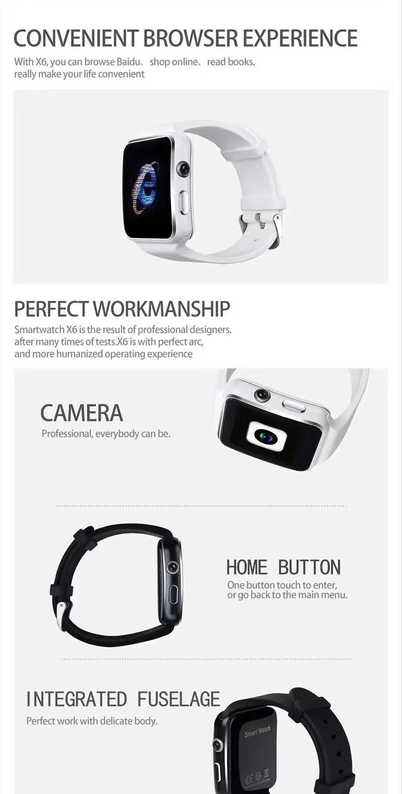Smart watch with 1.54-inch IPS display and silicone strap in black, white, or gold.