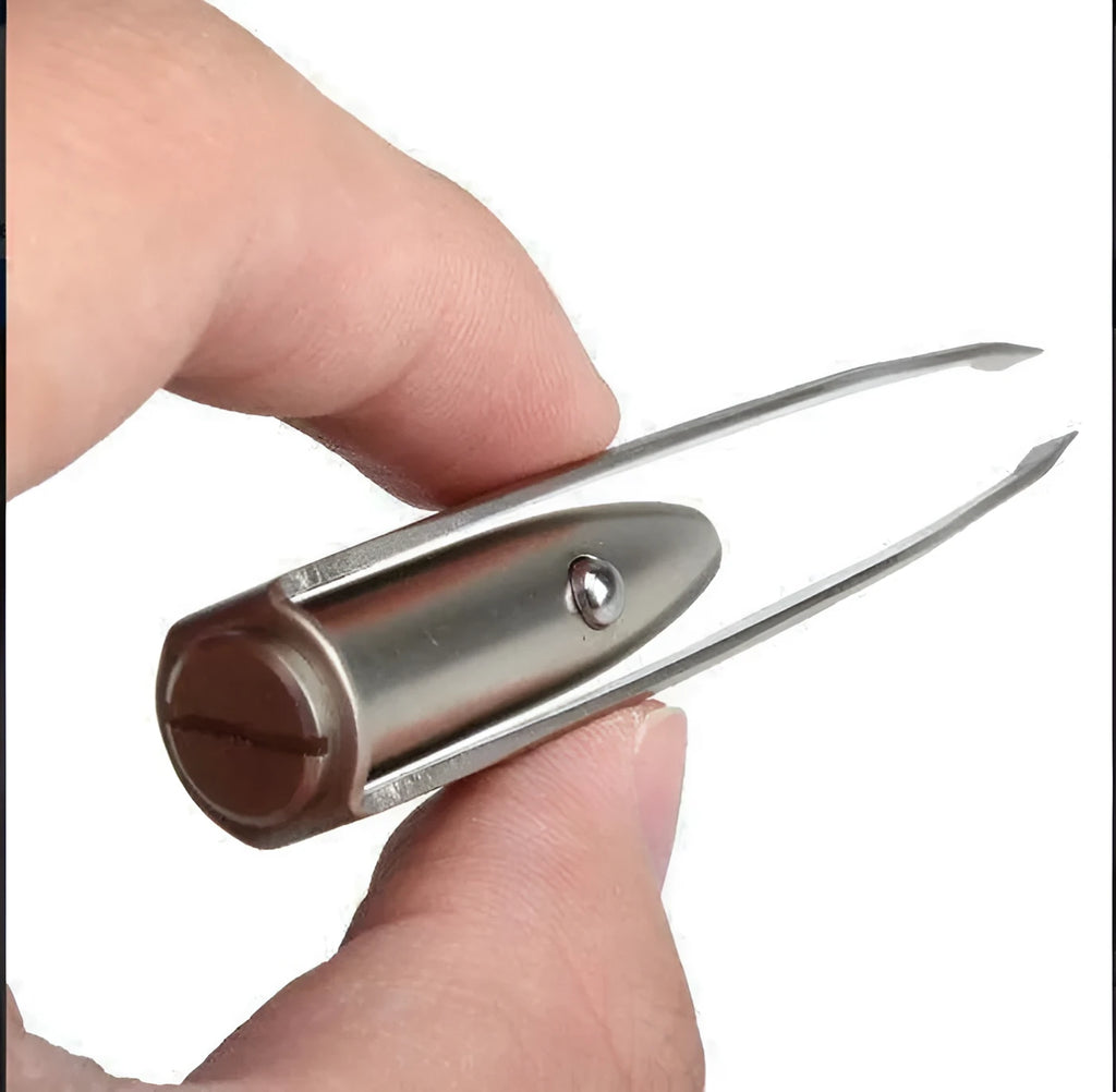 Stainless steel LED beauty tweezers with light for eyebrow grooming measuring 8.5cm