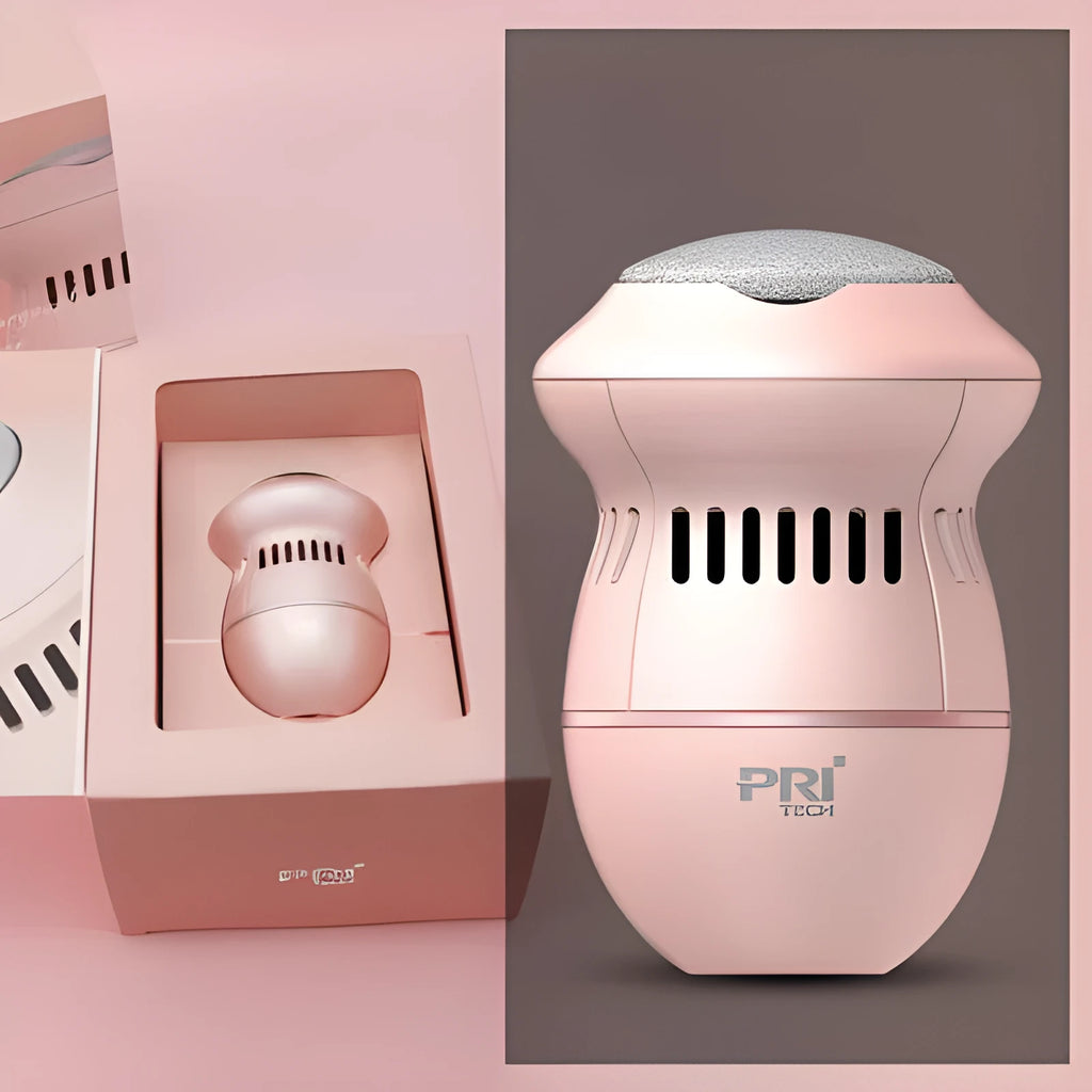 Beige and white electric foot file machine with grinding head, USB cable, two spare heads, brush, and sponge ring.