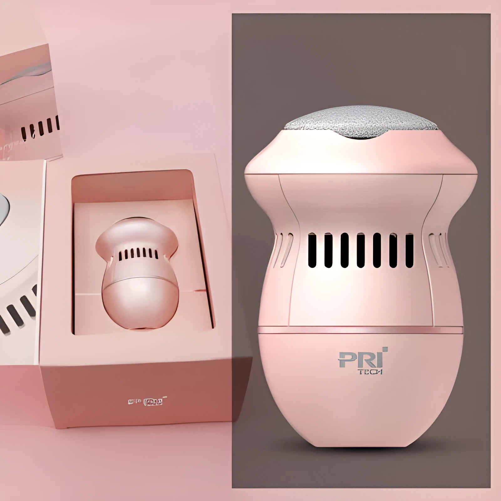 Beige and white electric foot file machine with grinding head, USB cable, two spare heads, brush, and sponge ring.