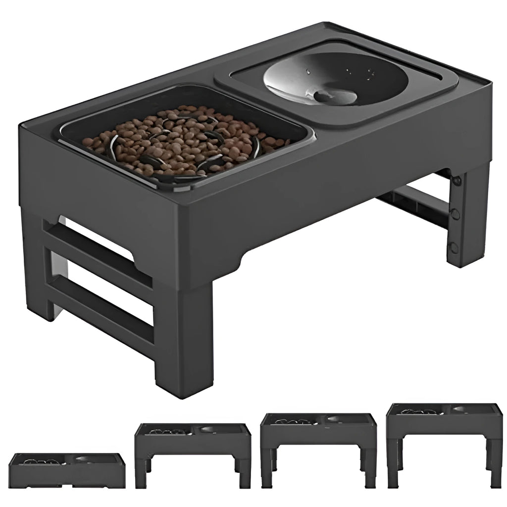 Adjustable height raised dog feeding station with black slow feeder bowl and foldable legs