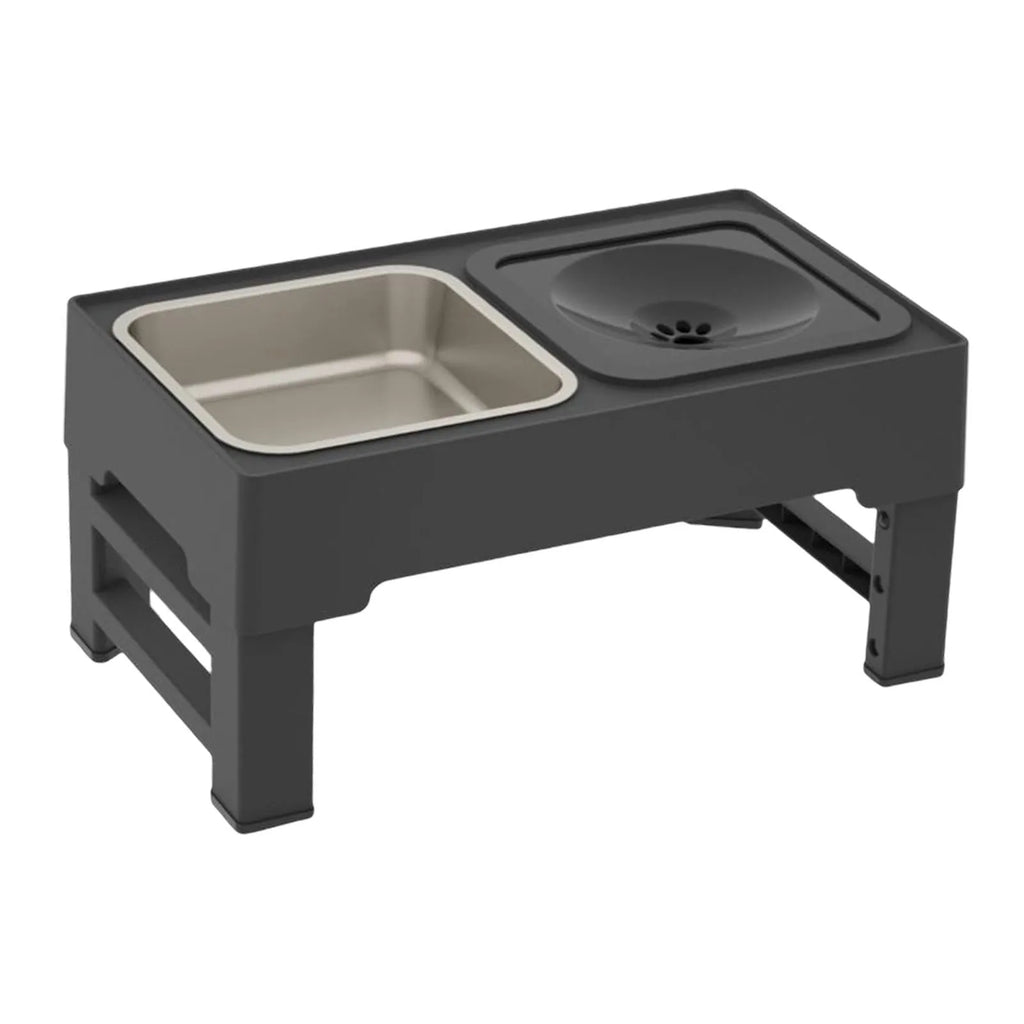 Adjustable height raised dog feeding station with black slow feeder bowl and foldable legs