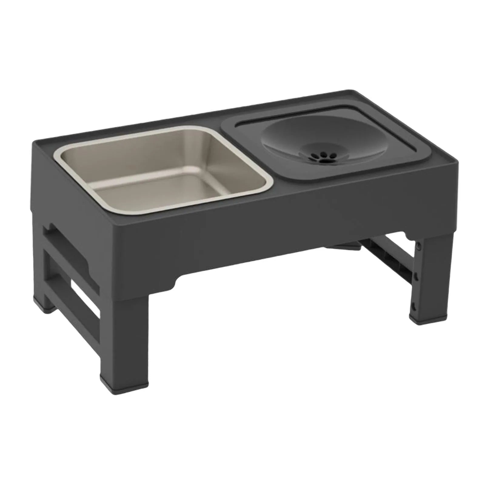 Adjustable height raised dog feeding station with black slow feeder bowl and foldable legs