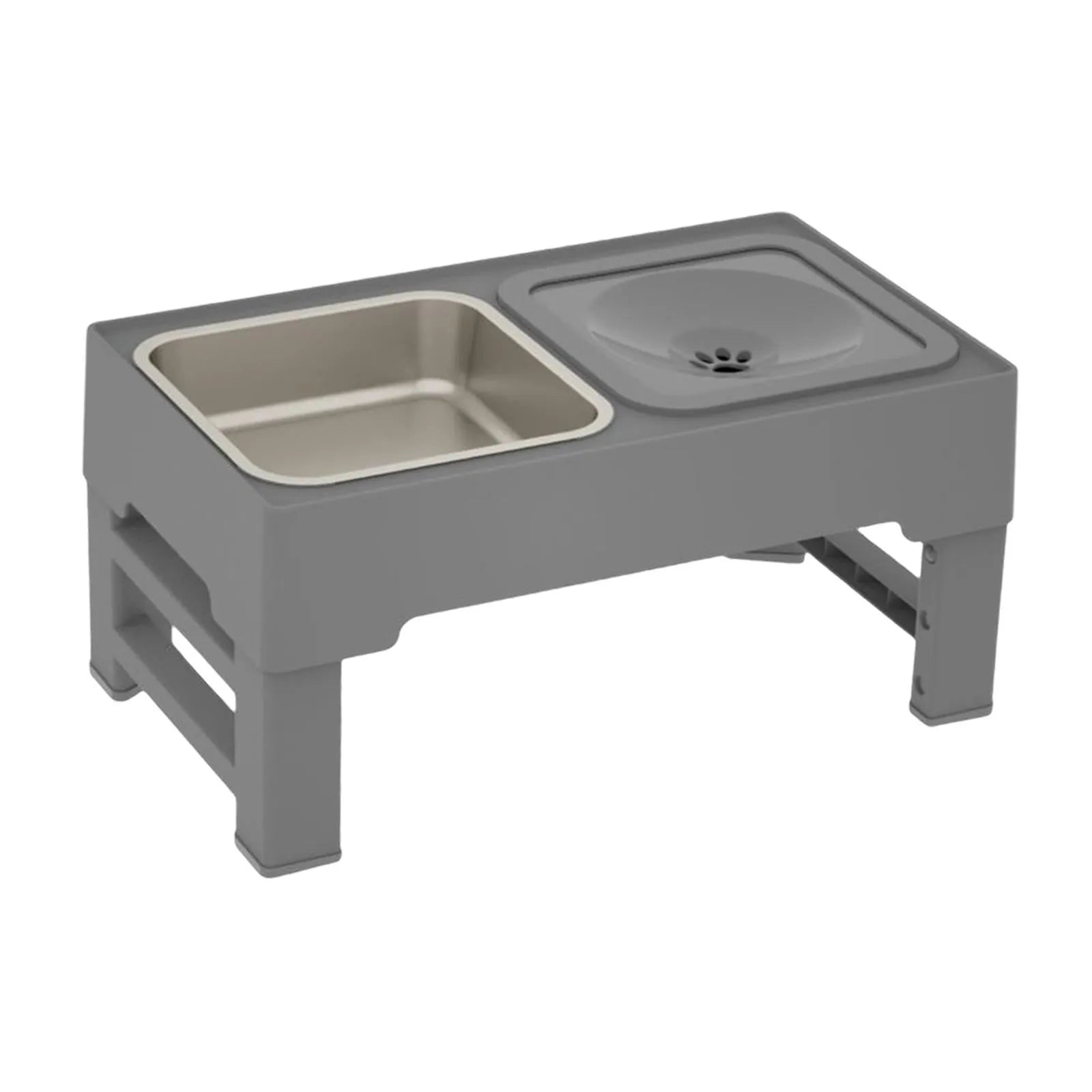 Adjustable height raised dog feeding station with black slow feeder bowl and foldable legs