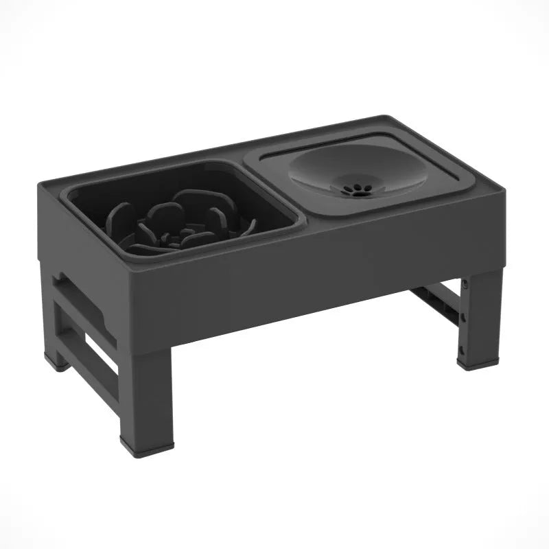 Adjustable height raised dog feeding station with black slow feeder bowl and foldable legs